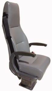 Side view of ambulance seat trimmed in grey, 3 point seatbelt