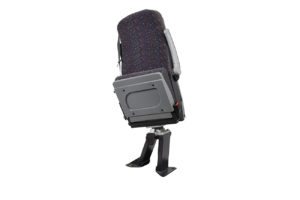 Front view of Shapeshifter seat with cushion in folded position, armrests, 3 point seatbelts, black trim
