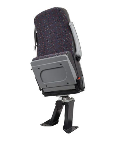 Front view of Shapeshifter seat with cushion in folded position, armrests, 3 point seatbelts, black trim