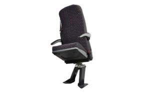 Front view of Shapeshifter seat with cushion in semi folded position, armrests, 3 point seatbelt, black trim