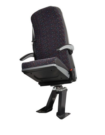 Front view of Shapeshifter seat with cushion in semi folded position, armrests, 3 point seatbelt, black trim