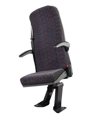Front view of Shapeshifter seat with armrests, 3 point seatbelts, black trim