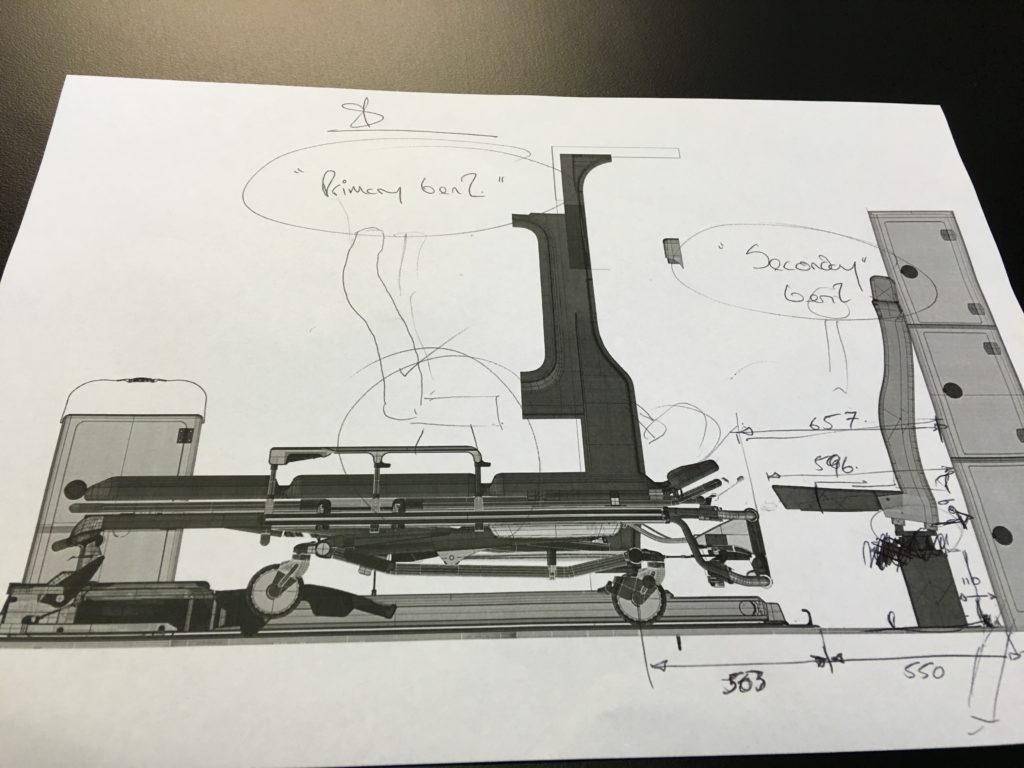 Starfish Services: CAD drawing with handwritten notes of customised ambulance seating