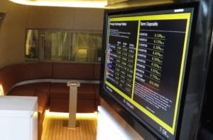 Interior of mobile unit for financial institution. Features a u shaped seat in tan trim in background and TV screen with financial metrics in foreground