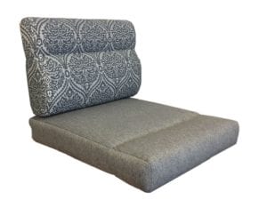 Cushions with profile back and pull down seat. Seat back is in a blue and white pattern. Seat fabric is plain grey.