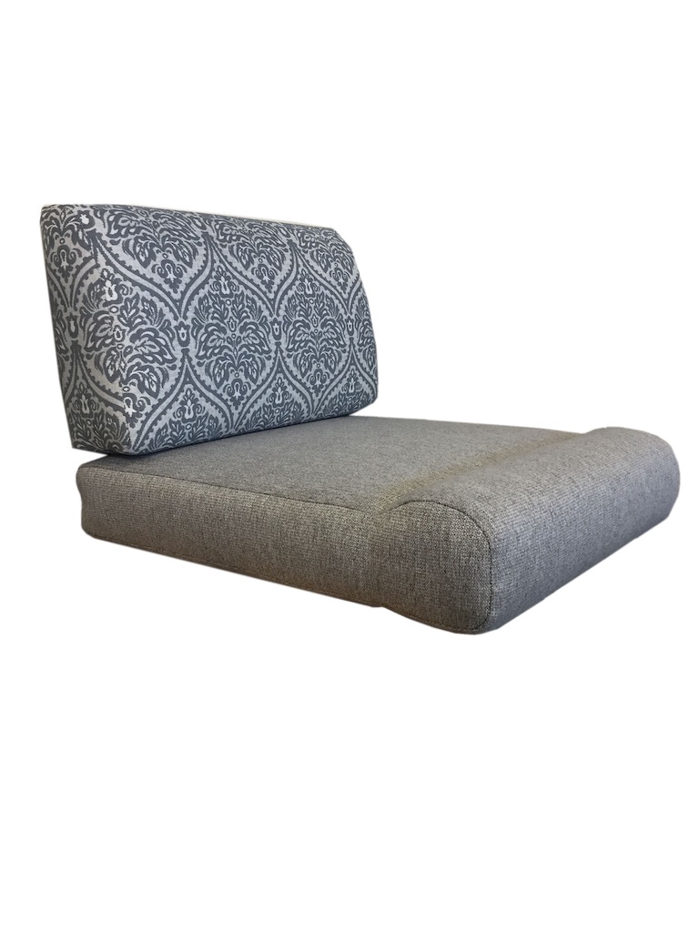 Cushions with profile back and knee roll seat. Seat back is in a blue and white pattern. Seat fabric is plain grey.