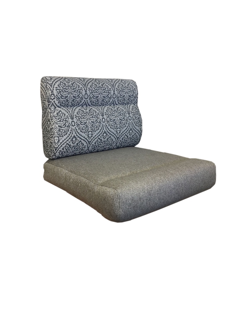 Cushions with profile back and knee roll seat. Seat back is in a blue and white pattern. Seat fabric is plain grey.