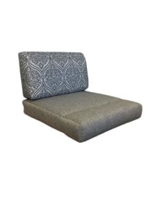 Cushions with profile back and pull down seat. Seat back is in a blue and white pattern. Seat fabric is plain grey.