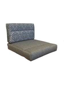 Wrap around seat and back cushions with pull down detailing. Seat back is in a blue and white pattern. Seat fabric is plain grey.