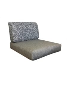 Wrap around seat and back cushions. Seat back is in a blue and white pattern. Seat fabric is plain grey.