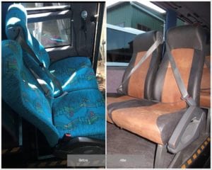 Before and after photo. On the left the double seat in turquoise fabric and on the right the double seat re-upholstered in tan and chocolate coloured leather.
