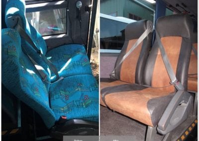 Before and after photo. On the left the double seat in turquoise fabric and on the right the double seat re-upholstered in tan and chocolate coloured leather.